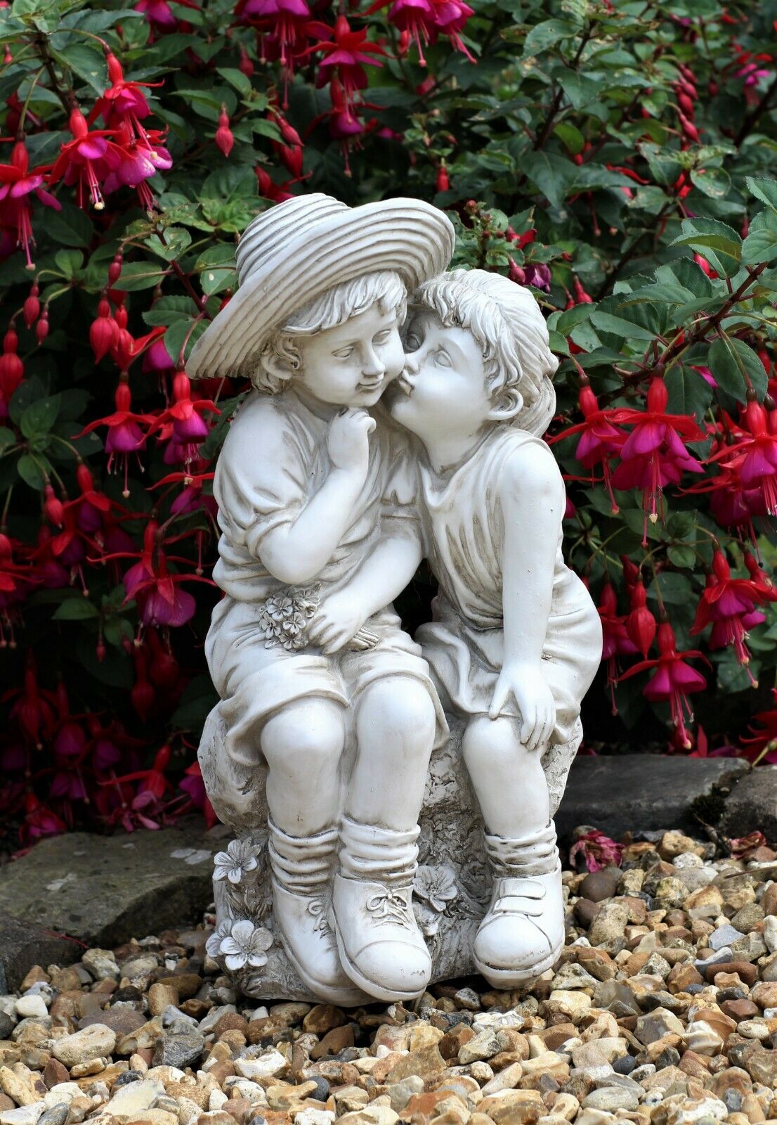 Grey Sitting Boy and Girl Garden Ornament