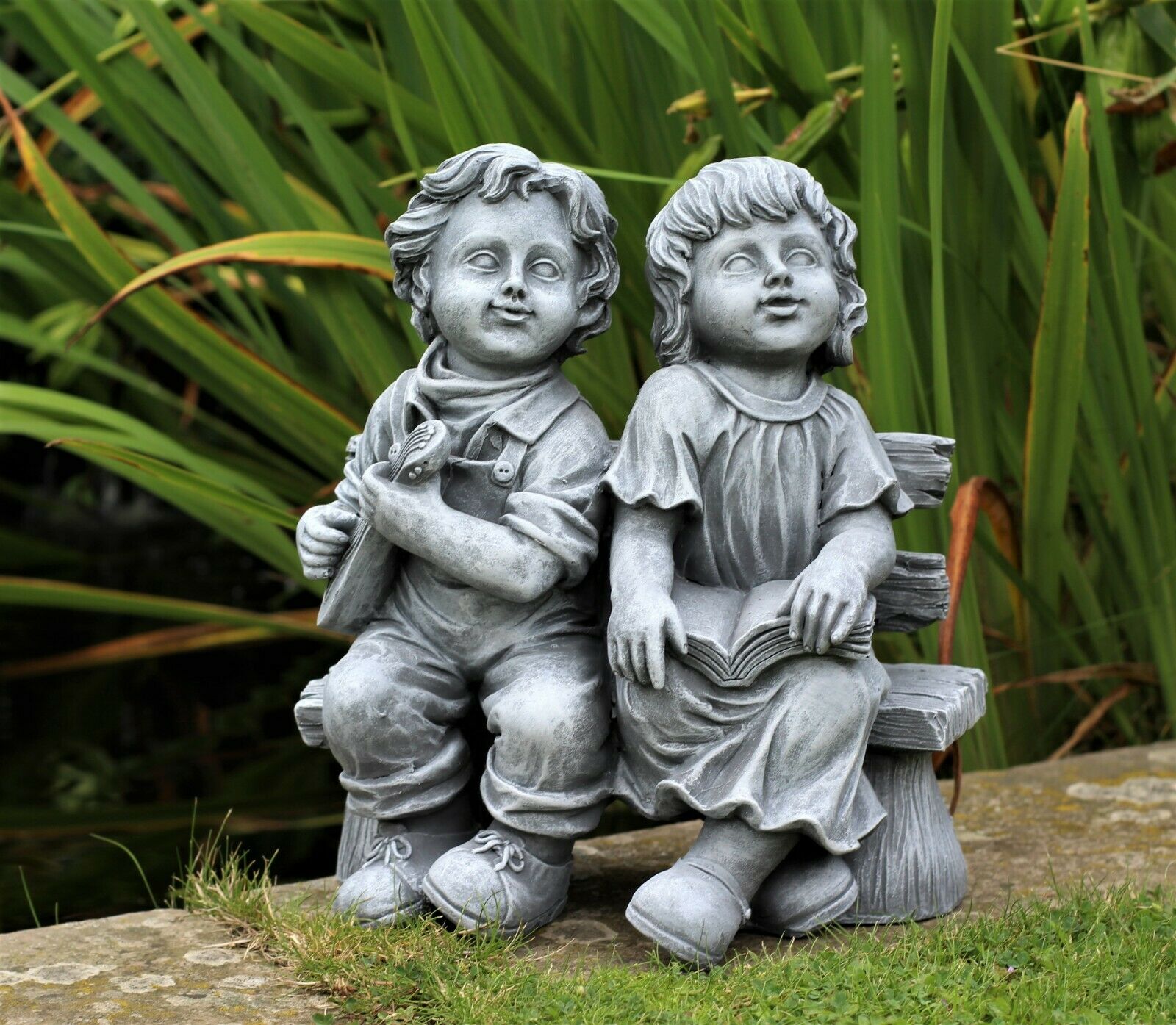 Grey Sitting Boy and Girl Garden Ornament