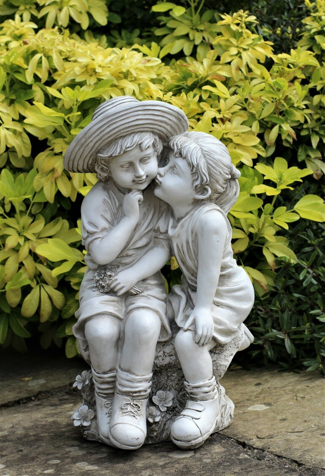 Grey Sitting Boy and Girl Garden Ornament