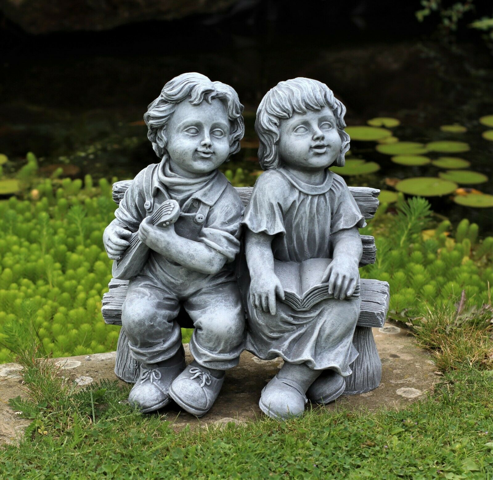 Grey Sitting Boy and Girl Garden Ornament