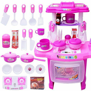 Childrens Pink Play Kitchen Set with Utensils and Play Food