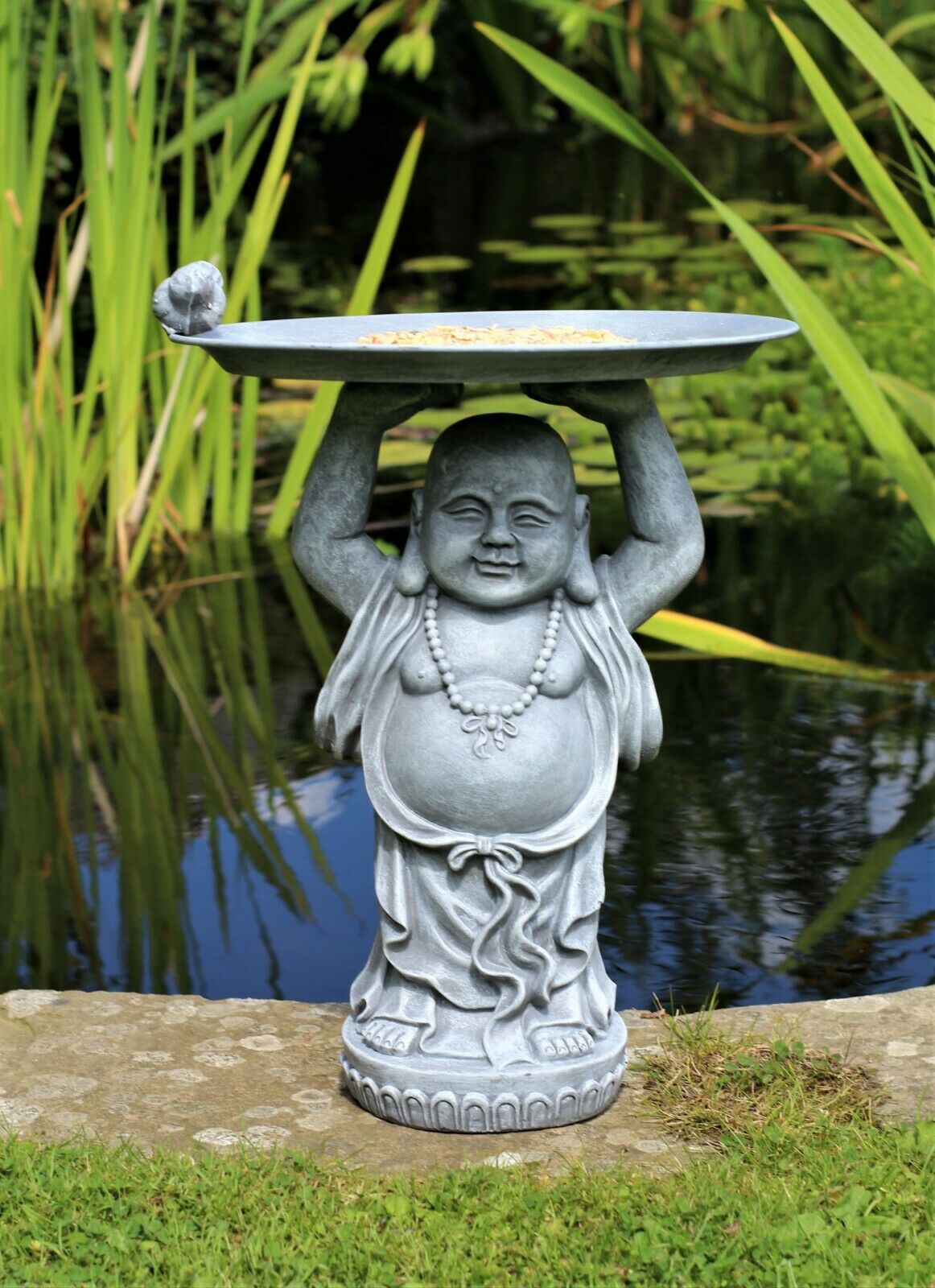 Grey or Copper Buddha Garden Ornament with Bird & Bath Feeder