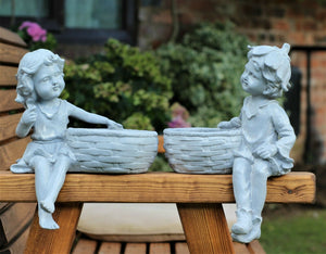 Boy and Girl Sitting Cherubs Grey Planter/Bird Feeder
