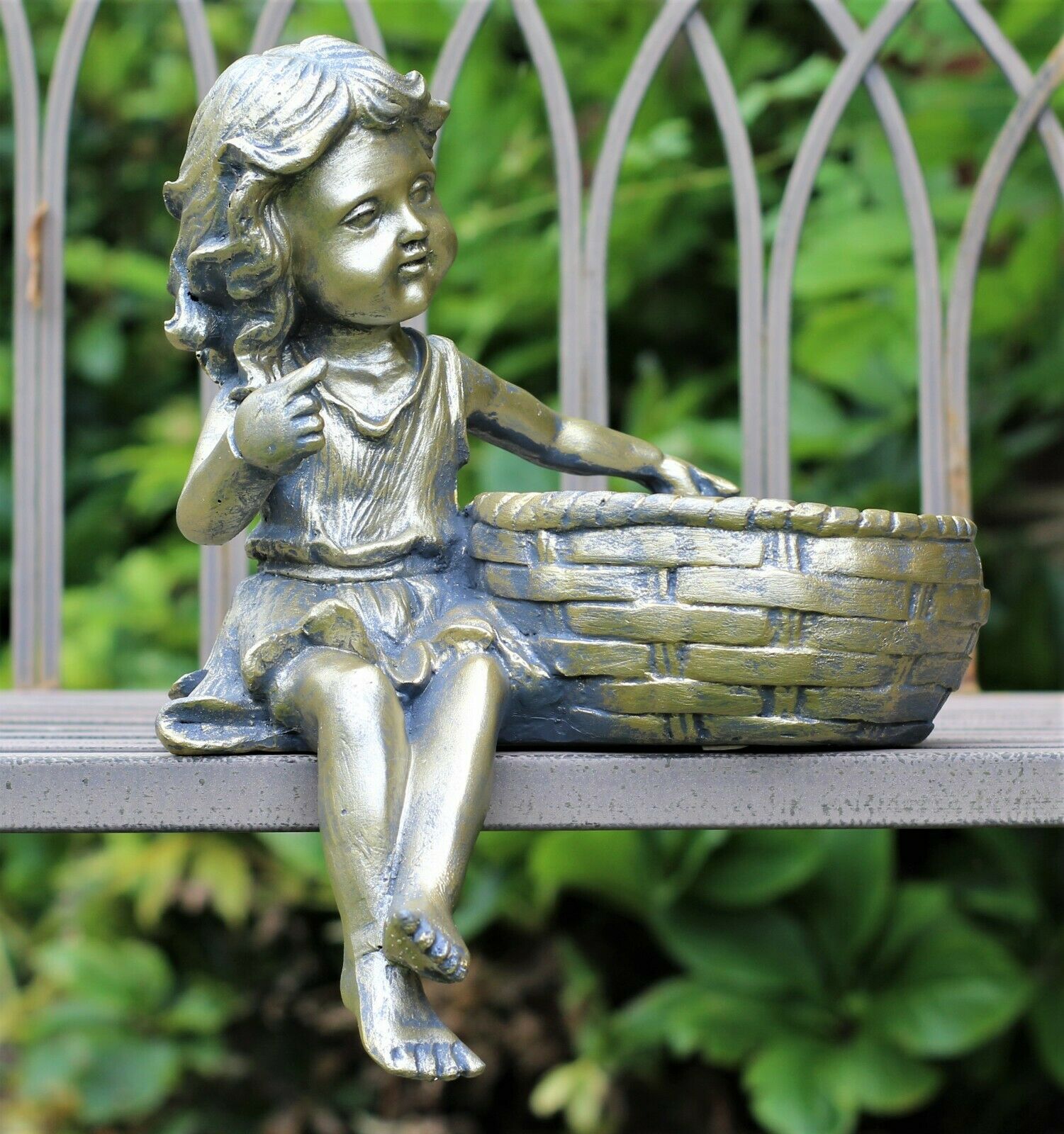 Boy and Girl Sitting Cherubs Planter or Bird Feeder Copper/Slate Grey