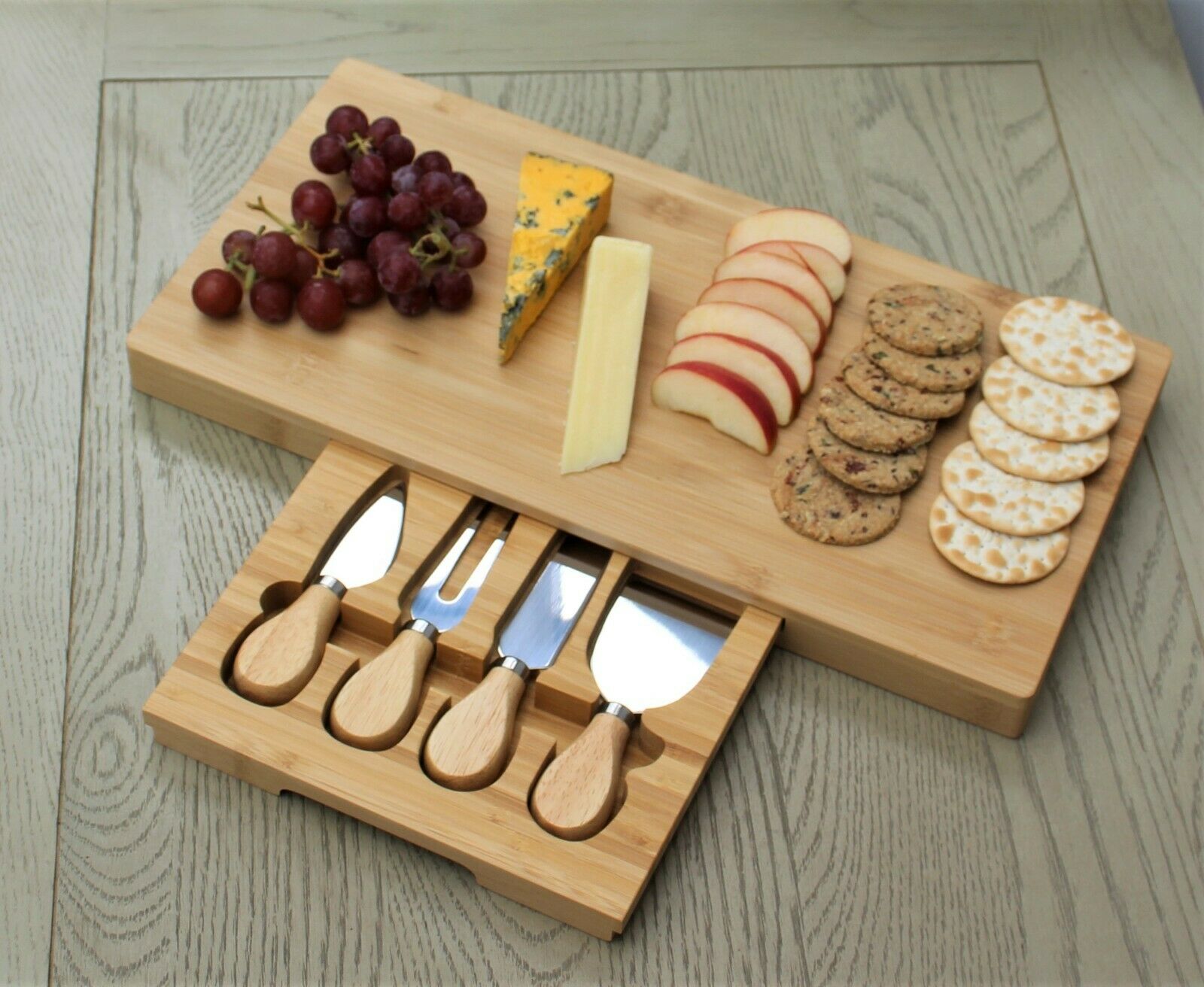 Rectangle Bamboo Cheese Board with Slide Out Draw & 4 Knives