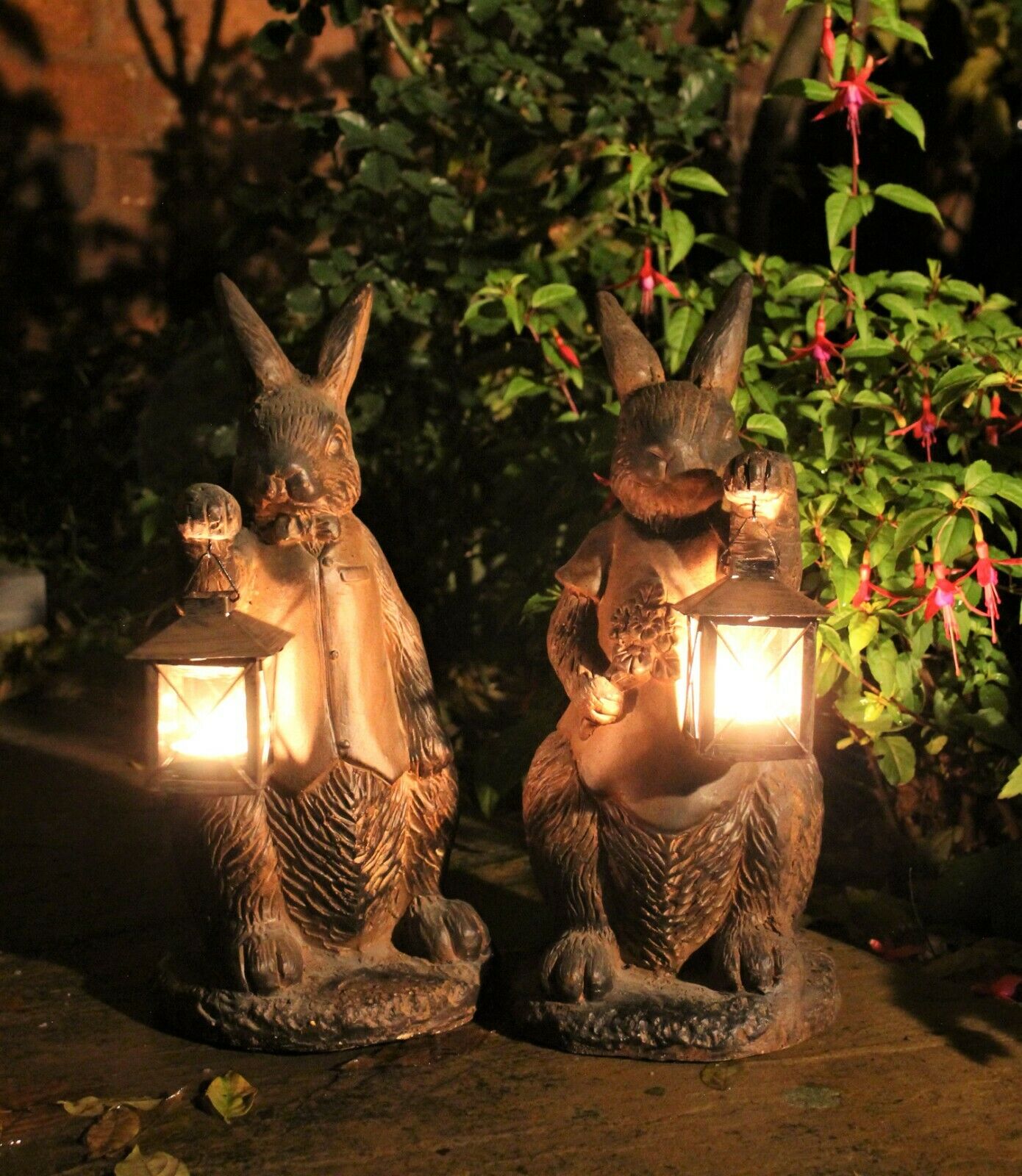 Rust Rabbit with Lantern Garden Ornament