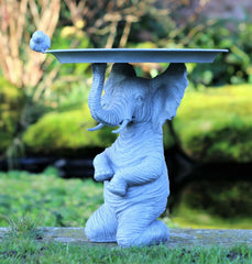 Grey Elephant Statue with Bird & Bath Feeder