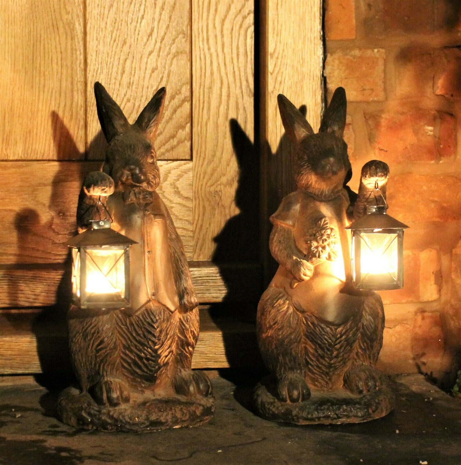 Rust Rabbit with Lantern Garden Ornament