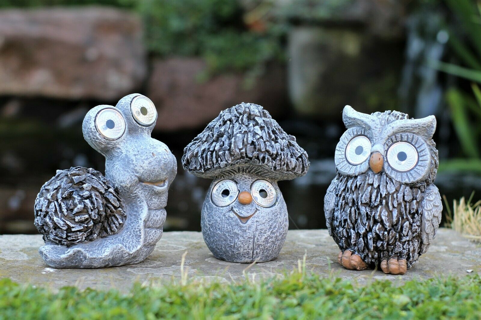 Snail, Owl & Toadstool Solar Garden Set