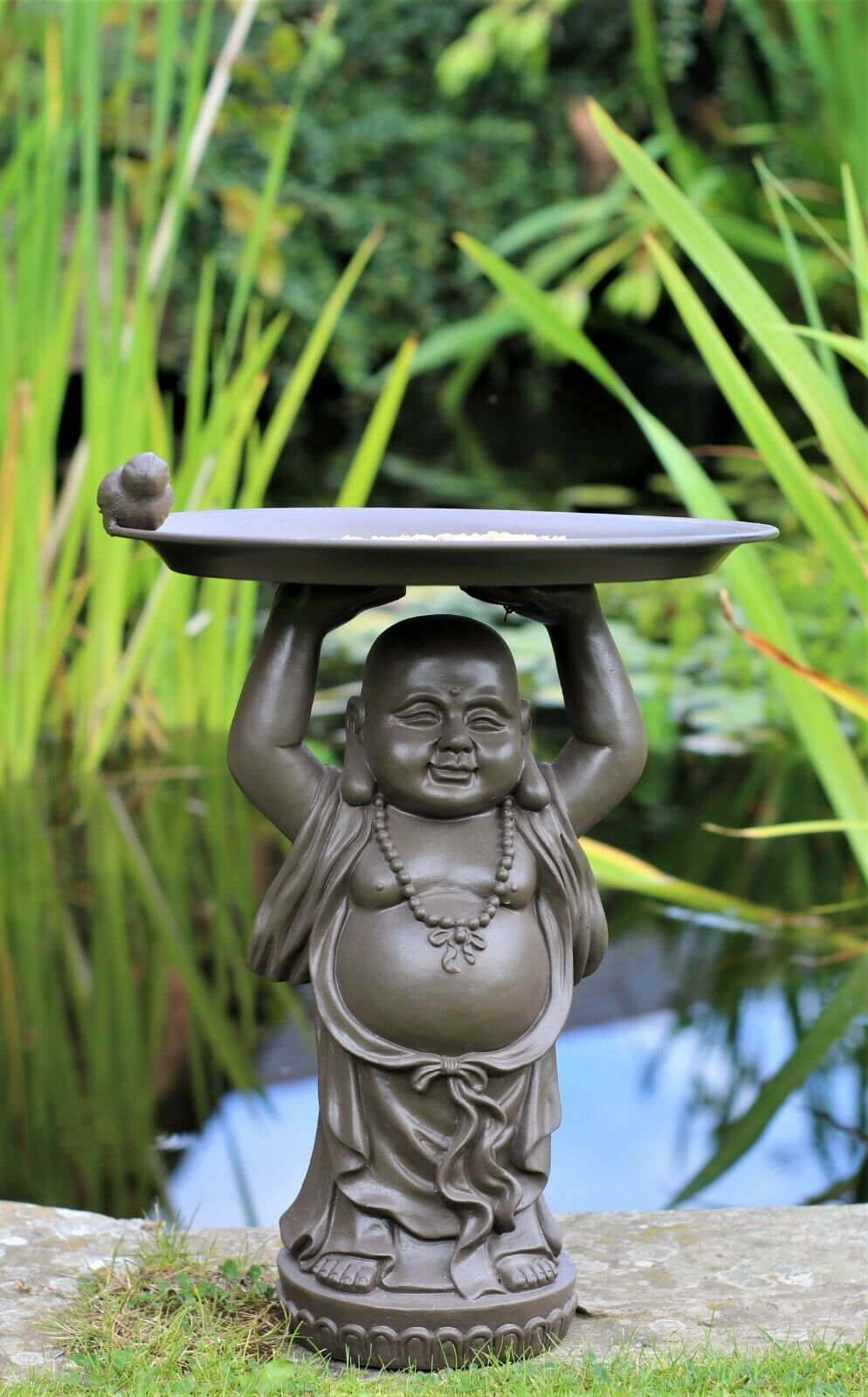 Grey or Copper Buddha Garden Ornament with Bird & Bath Feeder