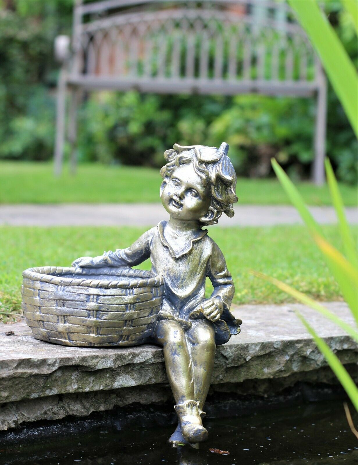 Boy and Girl Sitting Cherubs Planter or Bird Feeder Copper/Slate Grey