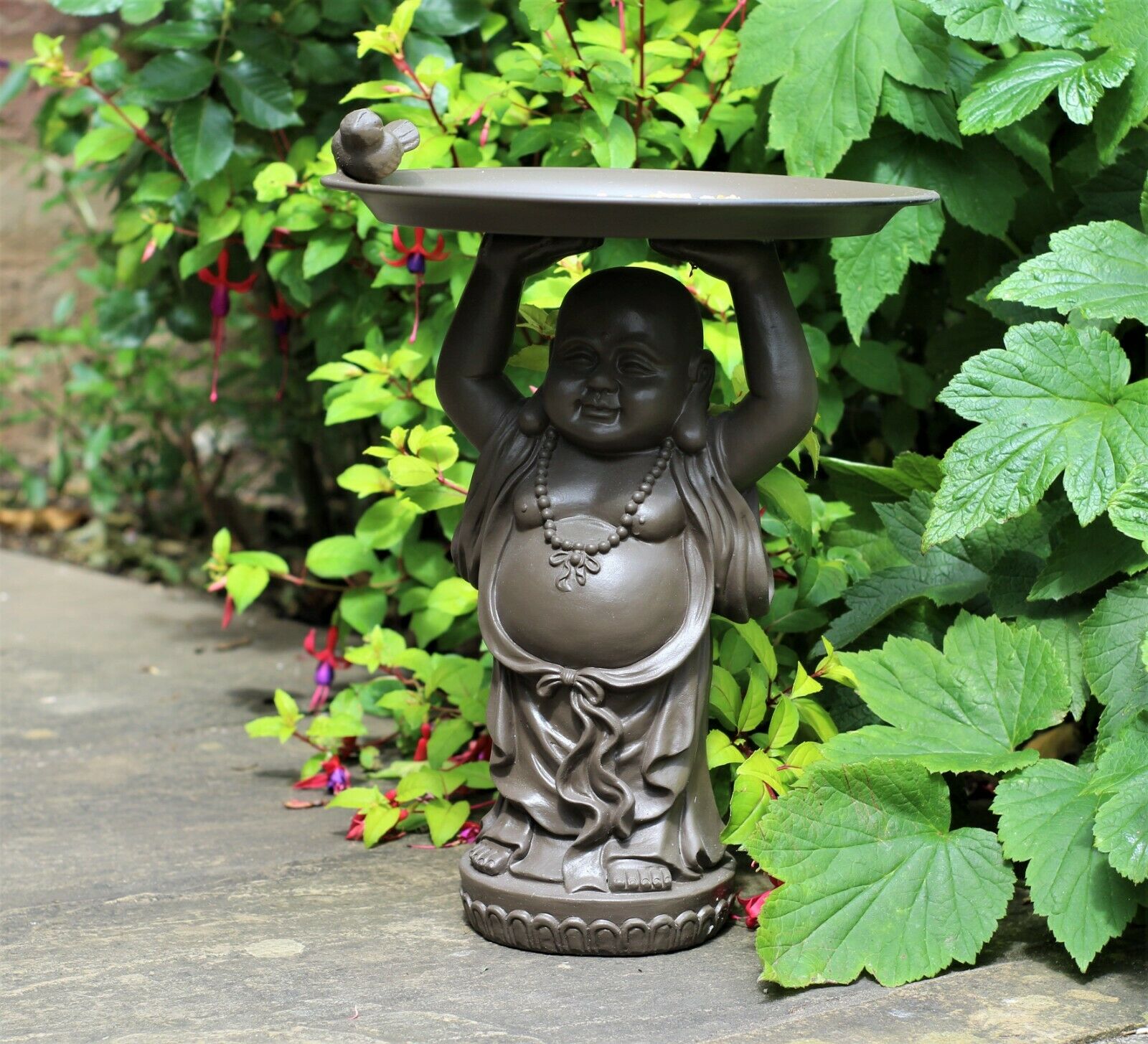 Grey or Copper Buddha Garden Ornament with Bird & Bath Feeder