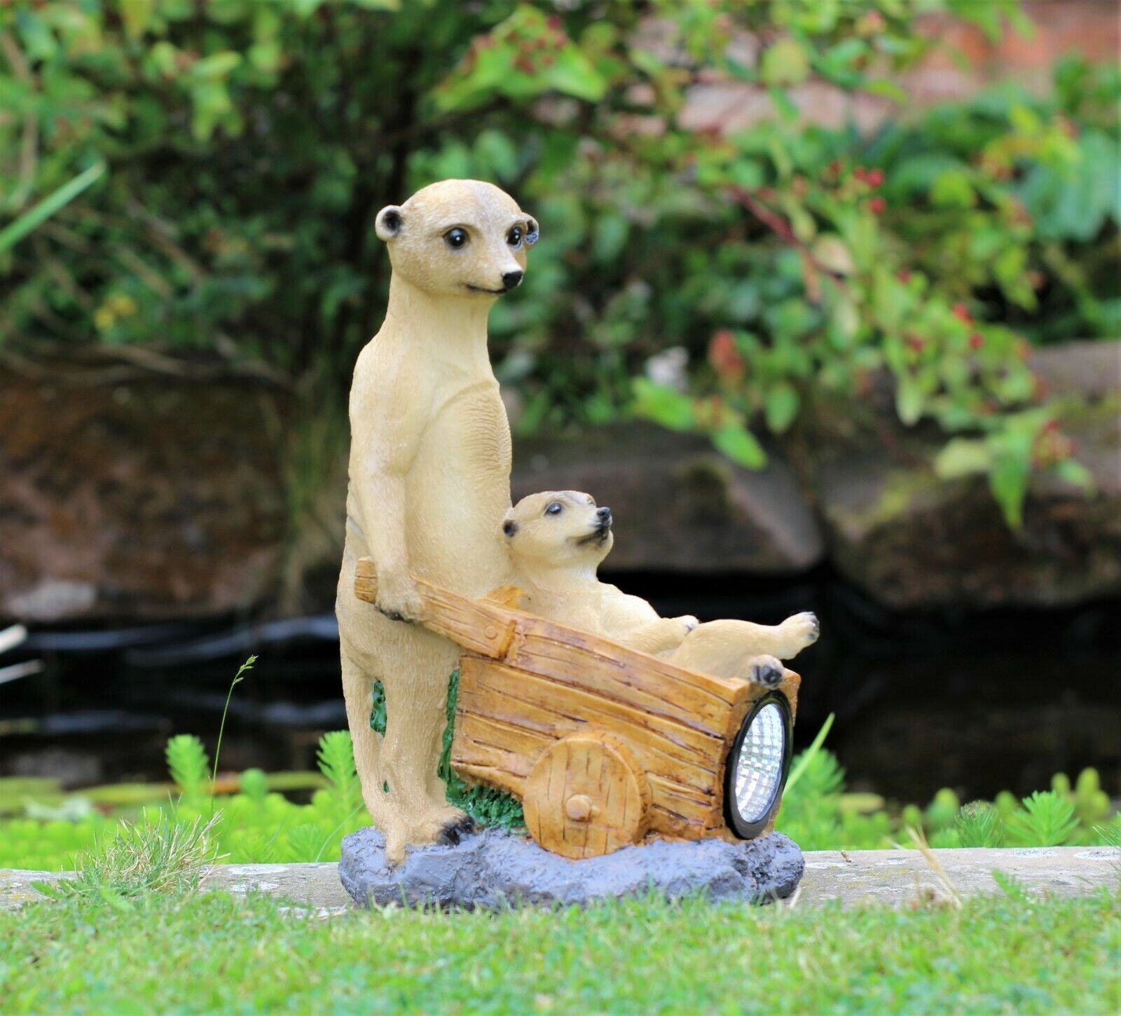 Solar Meerkat Family with Wheelbarrow Garden Ornament