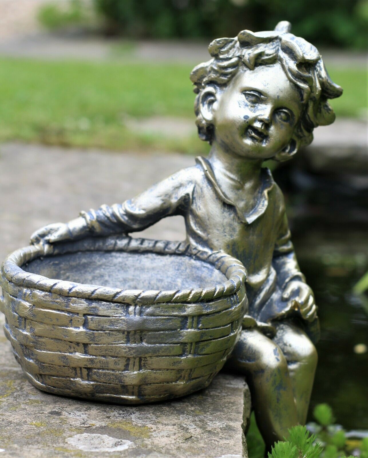 Boy and Girl Sitting Cherubs Planter or Bird Feeder Copper/Slate Grey