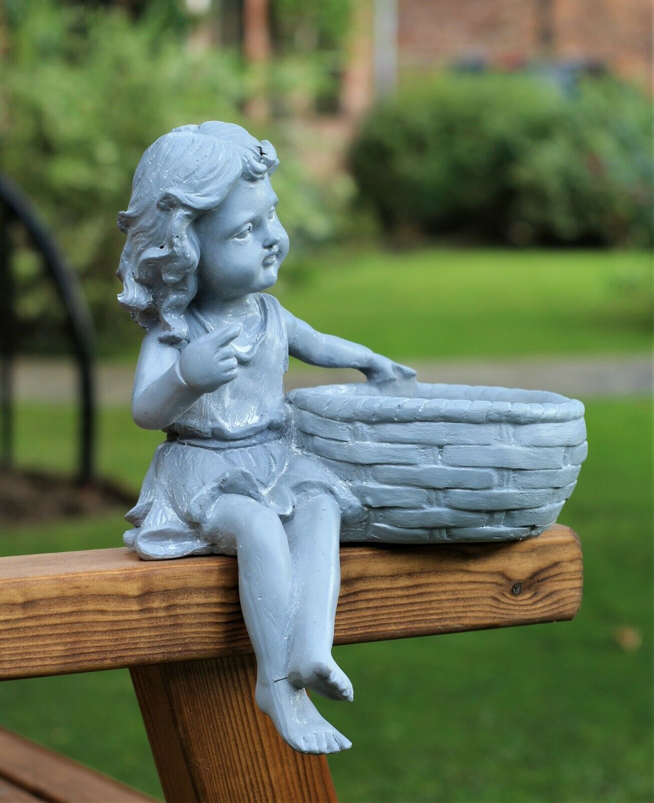 Boy and Girl Sitting Cherubs Grey Planter/Bird Feeder