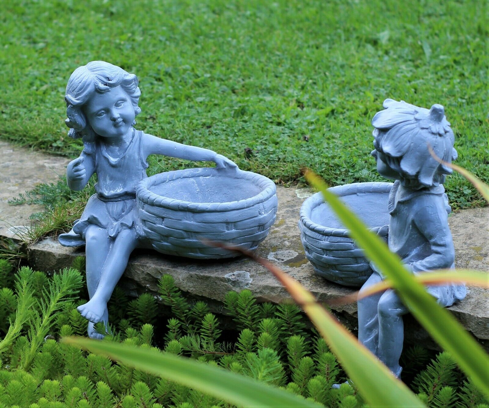 Boy and Girl Sitting Cherubs Grey Planter/Bird Feeder