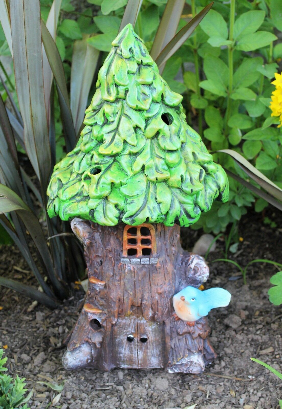 Large Solar Powered Fairy House Tree - Green Leaf Roof