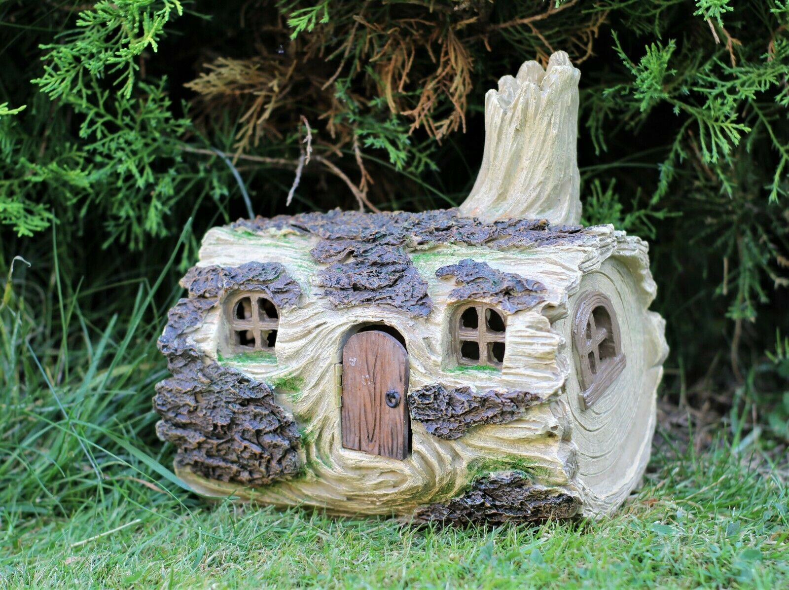 Solar powered Fairy Log House With Opening fairy Door