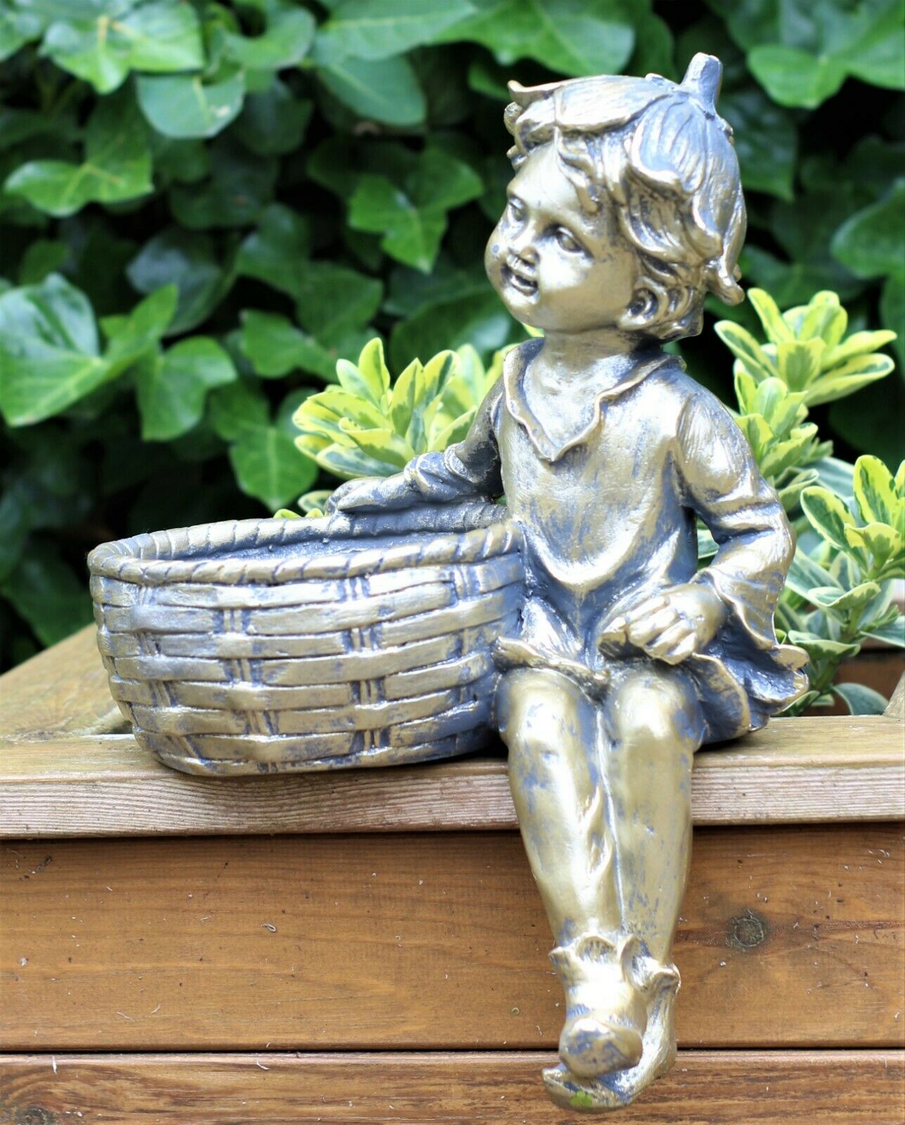 Boy and Girl Sitting Cherubs Planter or Bird Feeder Copper/Slate Grey