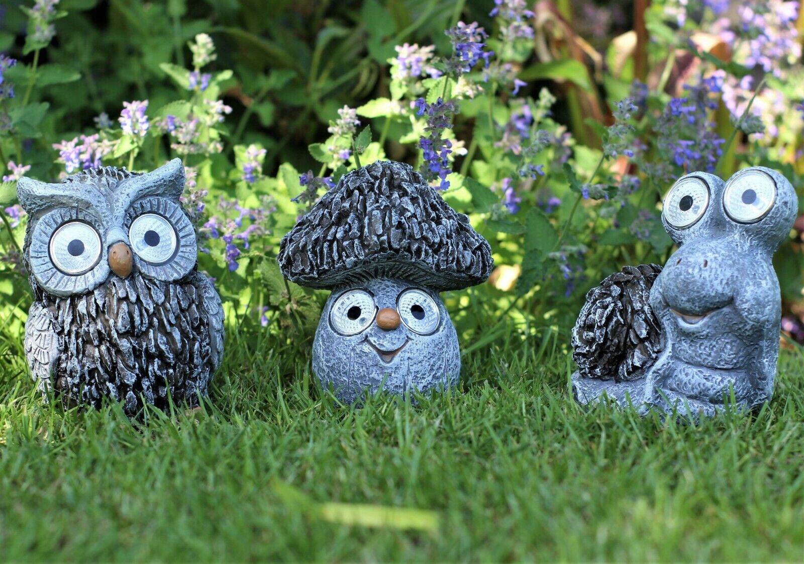 Snail, Owl & Toadstool Solar Garden Set