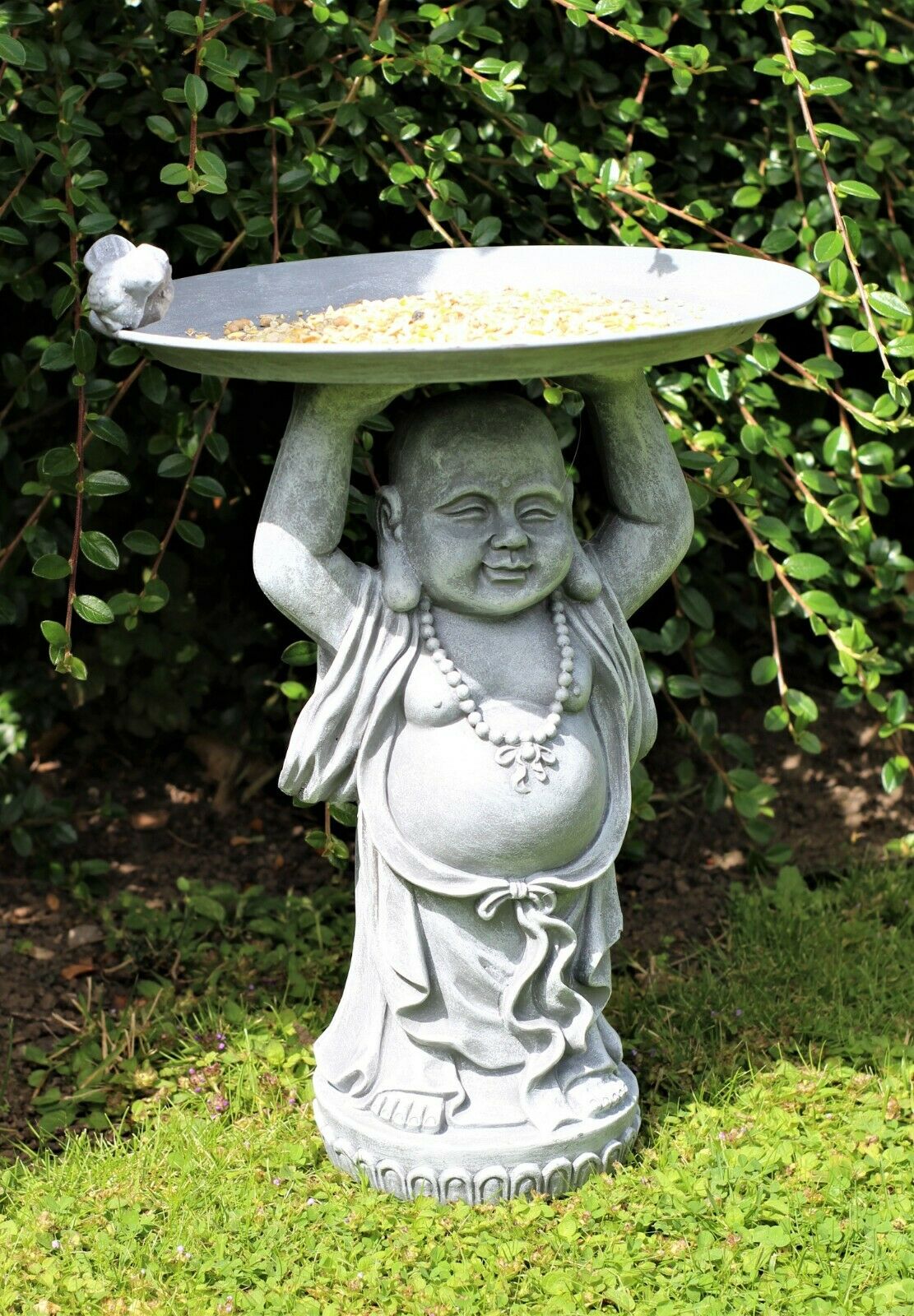 Grey or Copper Buddha Garden Ornament with Bird & Bath Feeder