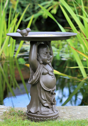Grey or Copper Buddha Garden Ornament with Bird & Bath Feeder