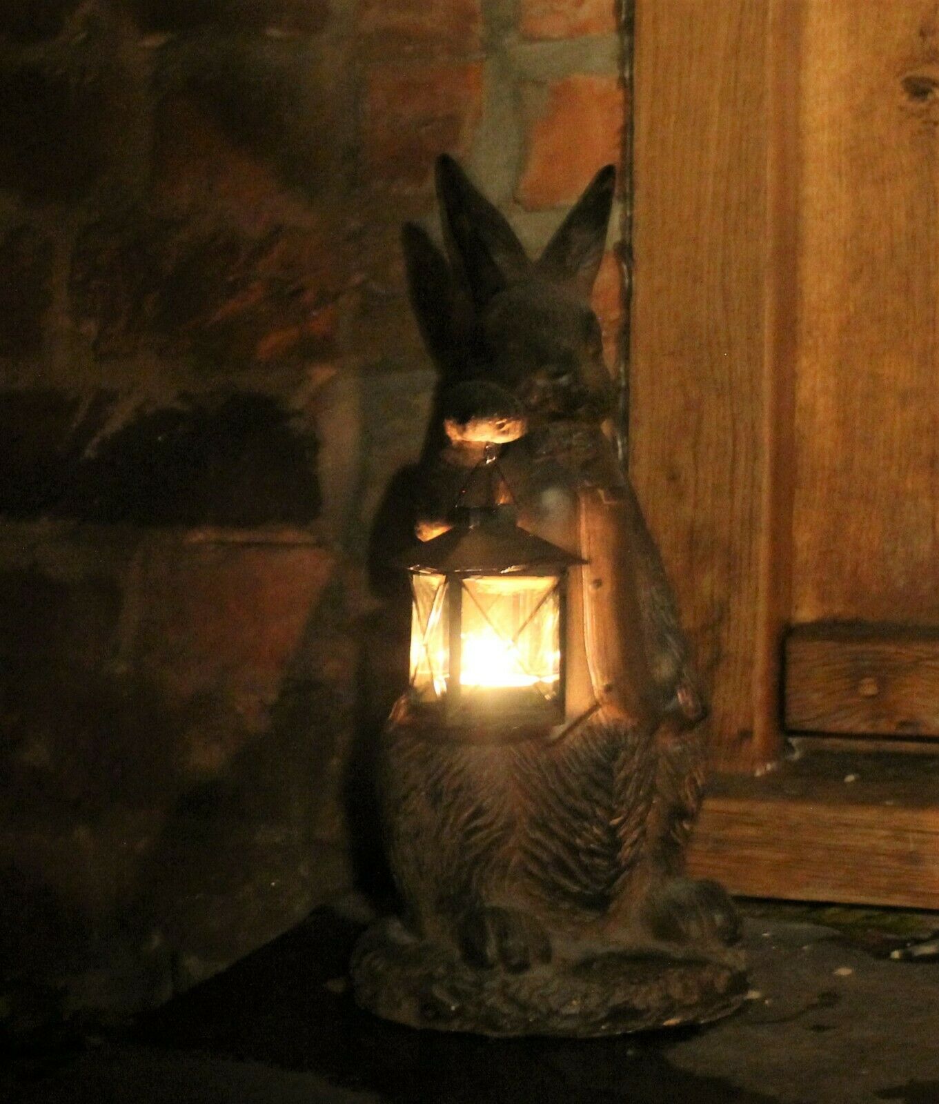 Rust Rabbit with Lantern Garden Ornament