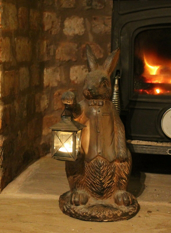 Rust Rabbit with Lantern Garden Ornament