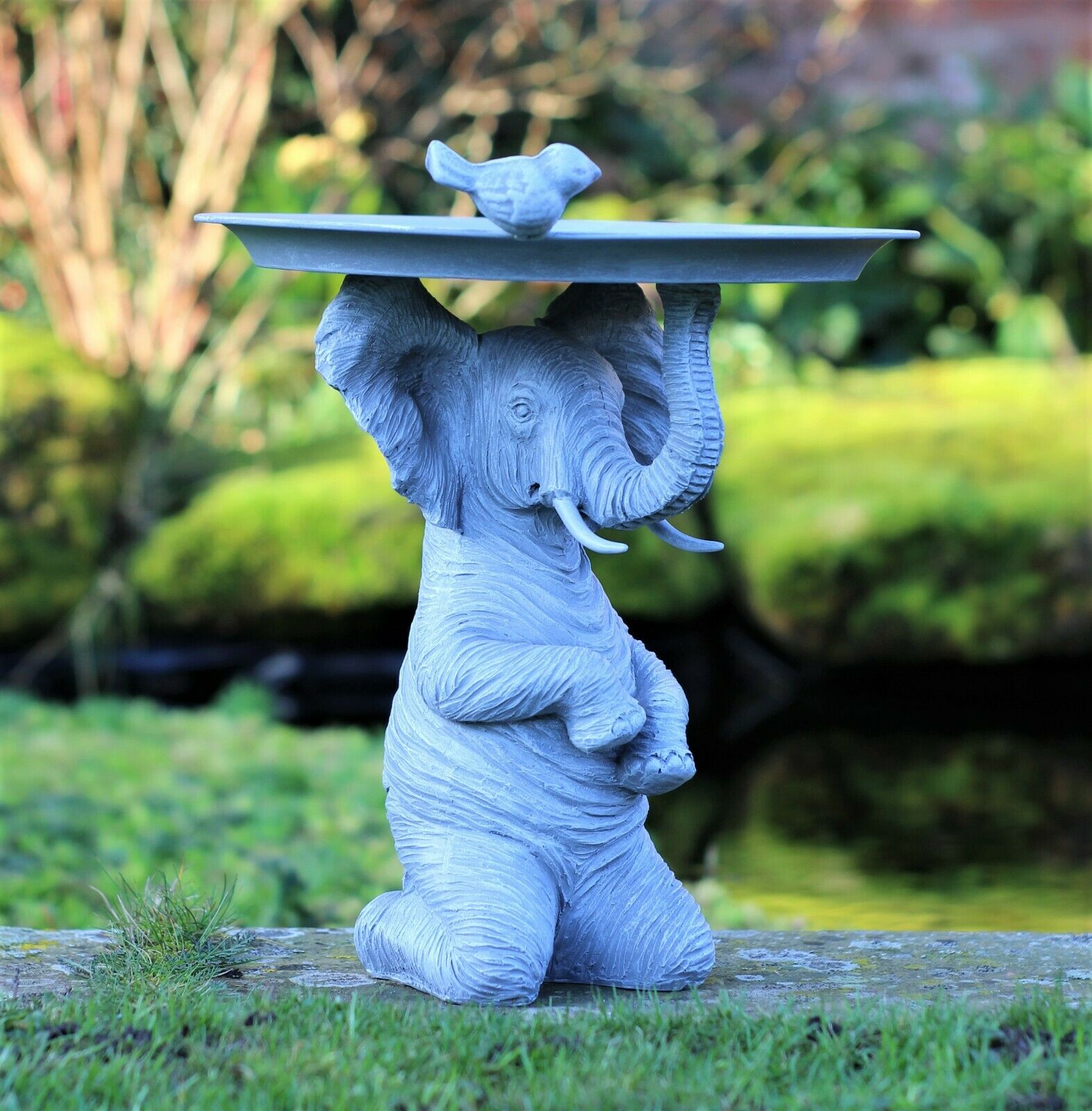 Grey Elephant Statue with Bird & Bath Feeder