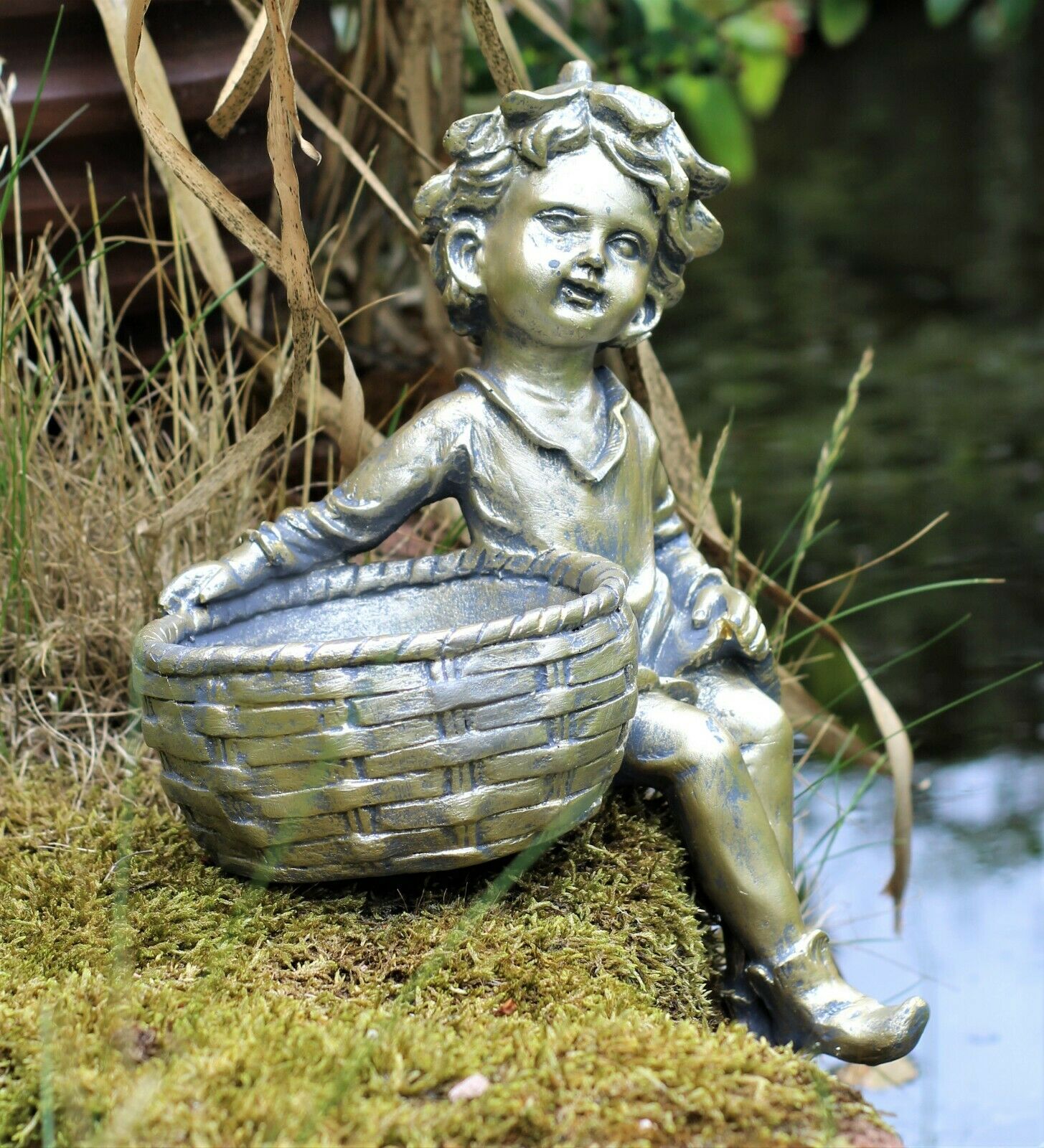 Boy and Girl Sitting Cherubs Planter or Bird Feeder Copper/Slate Grey