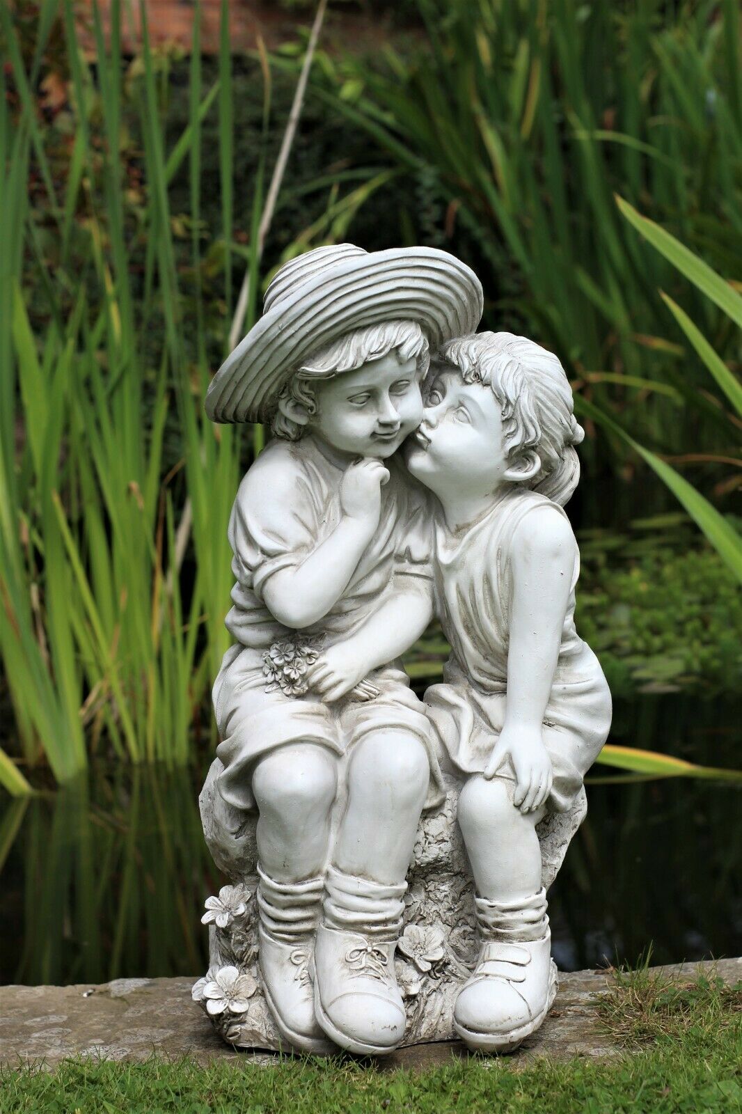 Grey Sitting Boy and Girl Garden Ornament