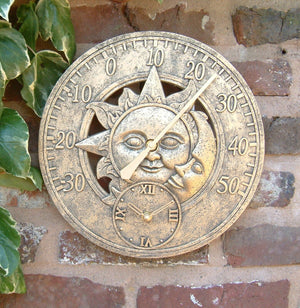Sun & Moon Dial Garden Station Clock with Thermometer