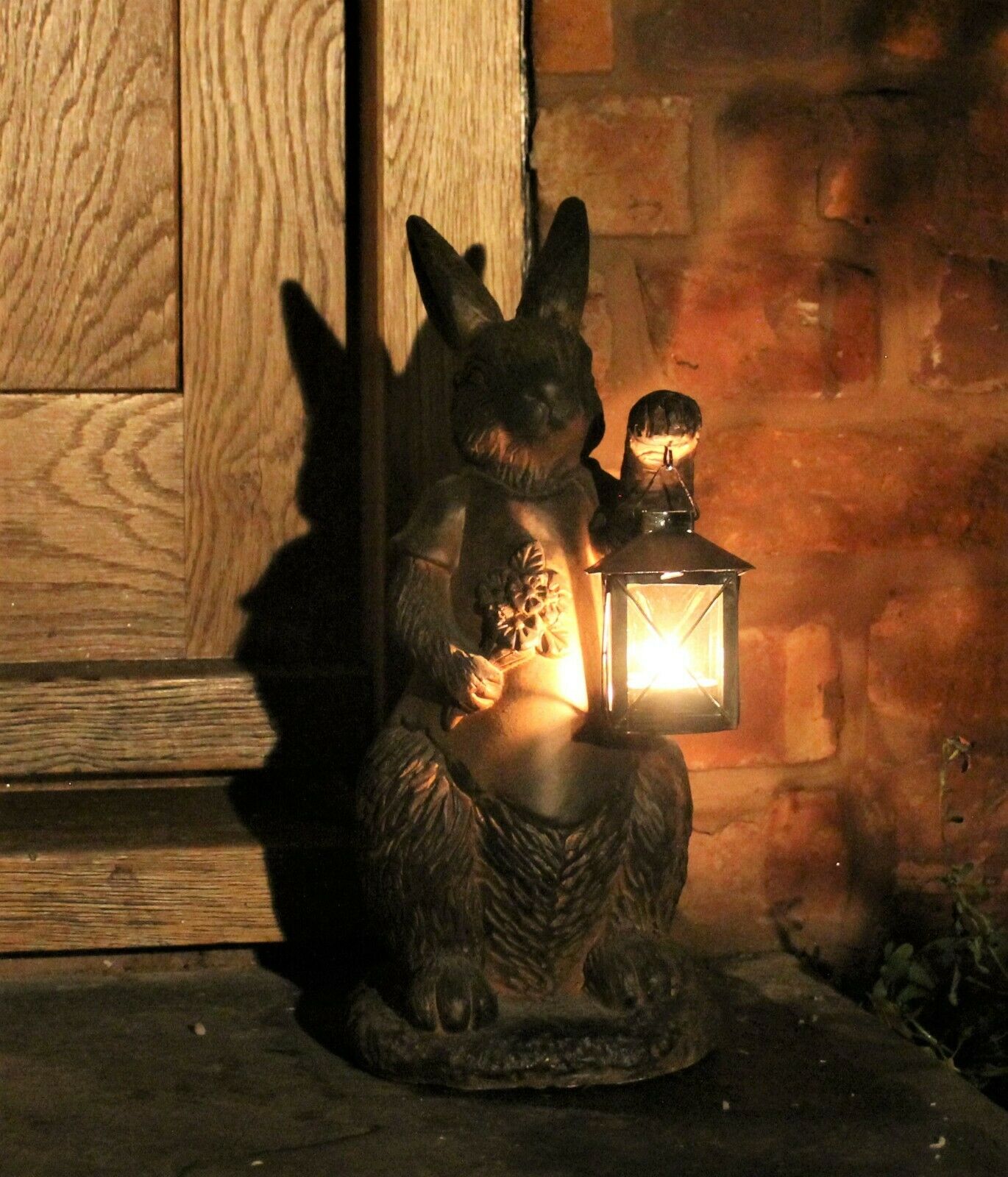 Rust Rabbit with Lantern Garden Ornament