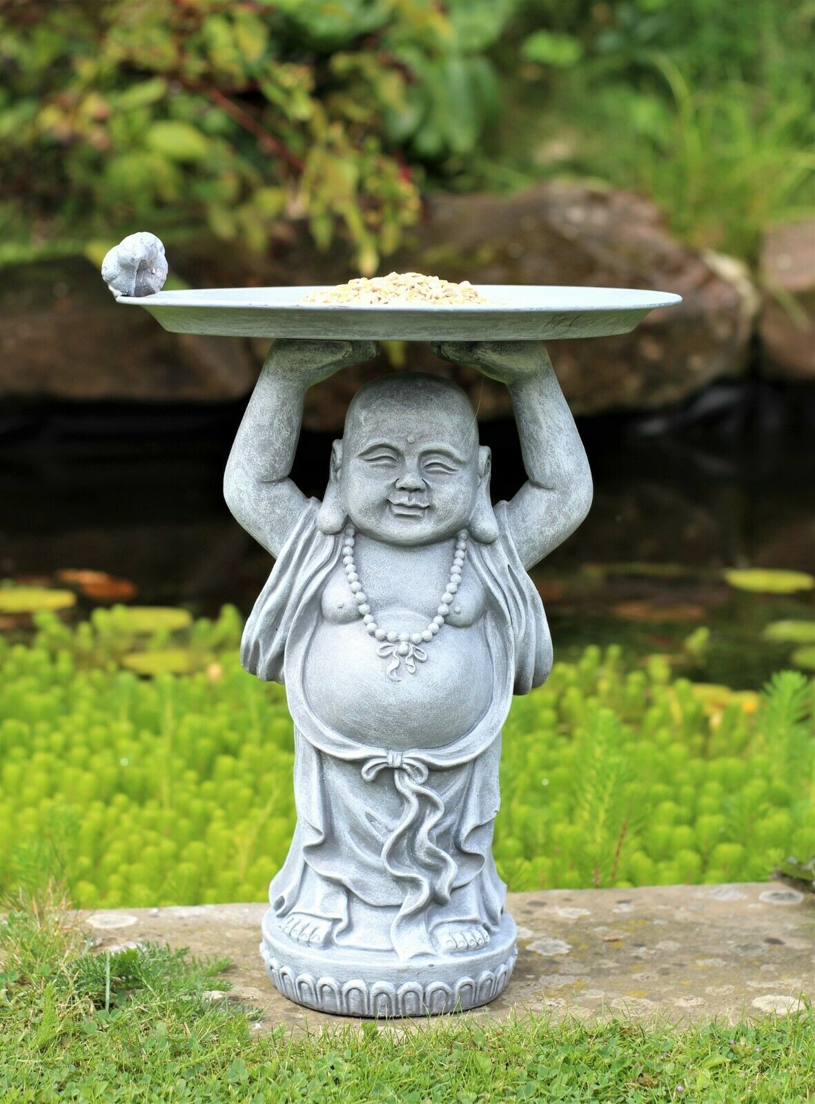 Grey or Copper Buddha Garden Ornament with Bird & Bath Feeder