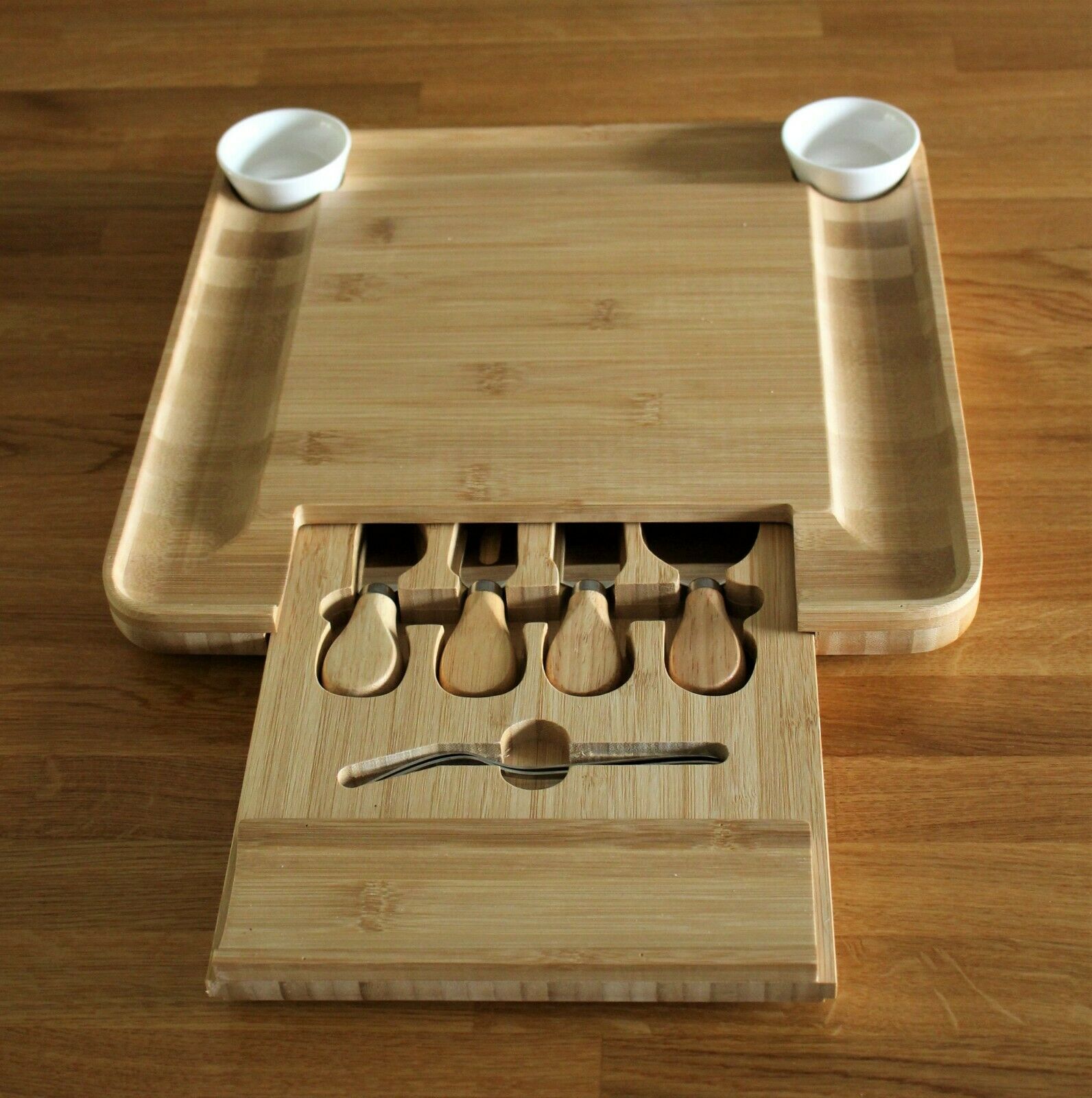 Square Bamboo Cheese Board with Slide Out Draw & 4 Knives