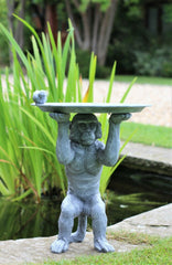 Grey Monkey Garden Ornament with Bird & Bath Feeder