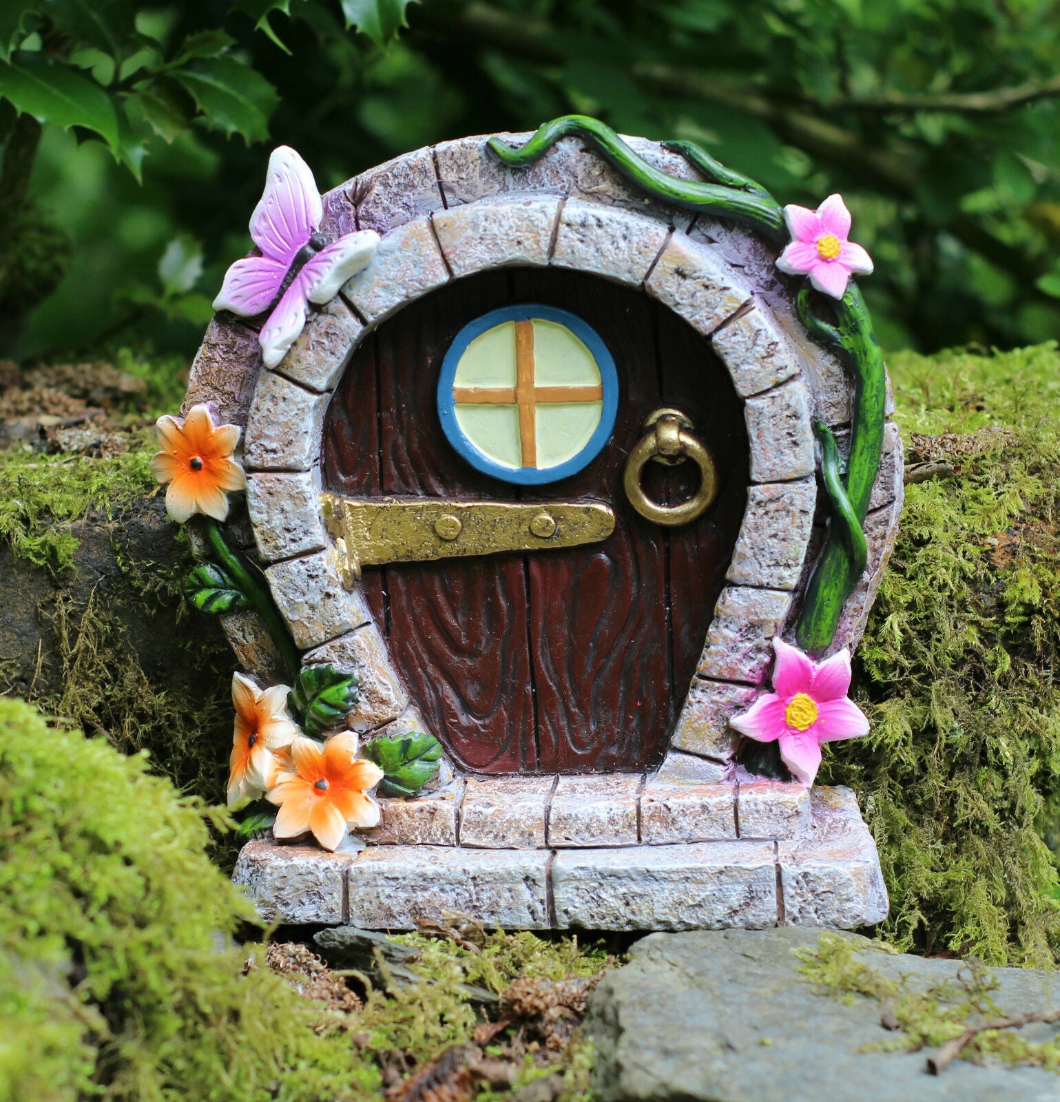 Stone Effect Large Fairy Door Ornament With Flowers