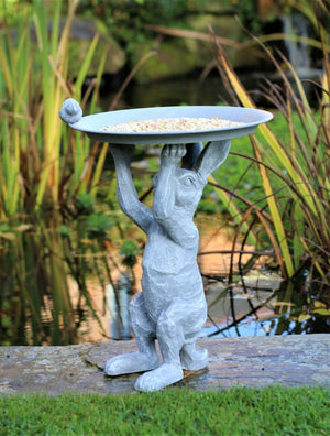 Wild Hare Rabbit Statue & Garden Ornament with Bird & Bath Feeder