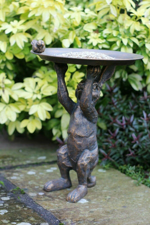 Rabbit Statue & Garden Ornament with Bird & Bath Feeder