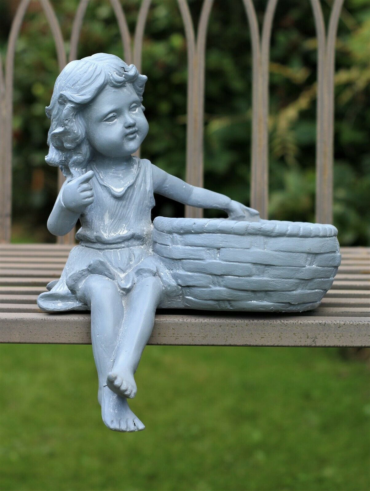 Boy and Girl Sitting Cherubs Grey Planter/Bird Feeder