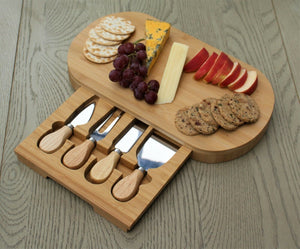 Curved Bamboo Cheese Board with Slide Out Draw & 4 Knives