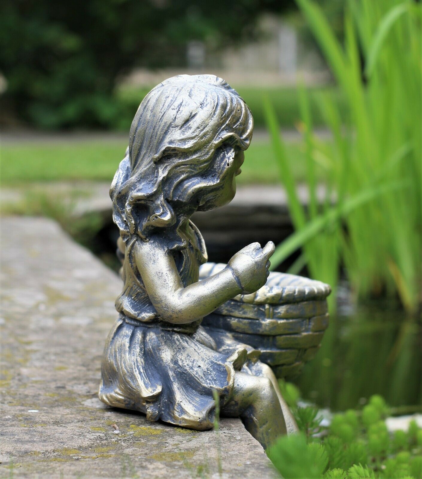 Boy and Girl Sitting Cherubs Planter or Bird Feeder Copper/Slate Grey