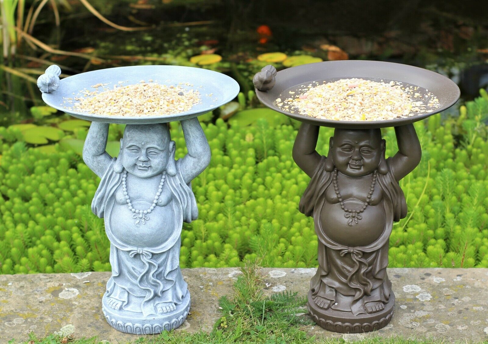 Grey or Copper Buddha Garden Ornament with Bird & Bath Feeder