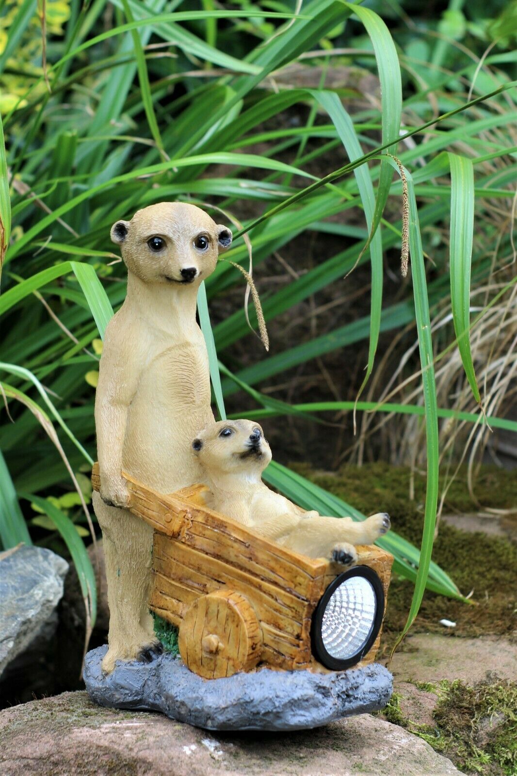 Solar Meerkat Family with Wheelbarrow Garden Ornament