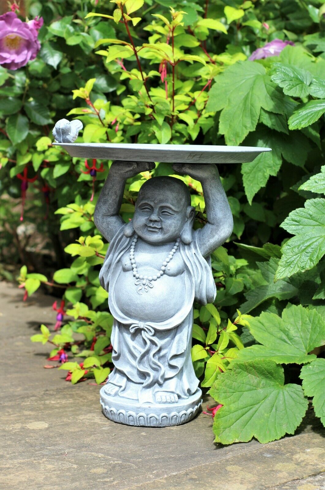 Grey or Copper Buddha Garden Ornament with Bird & Bath Feeder