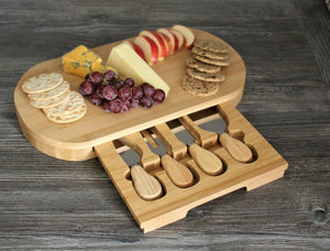 Curved Bamboo Cheese Board with Slide Out Draw & 4 Knives