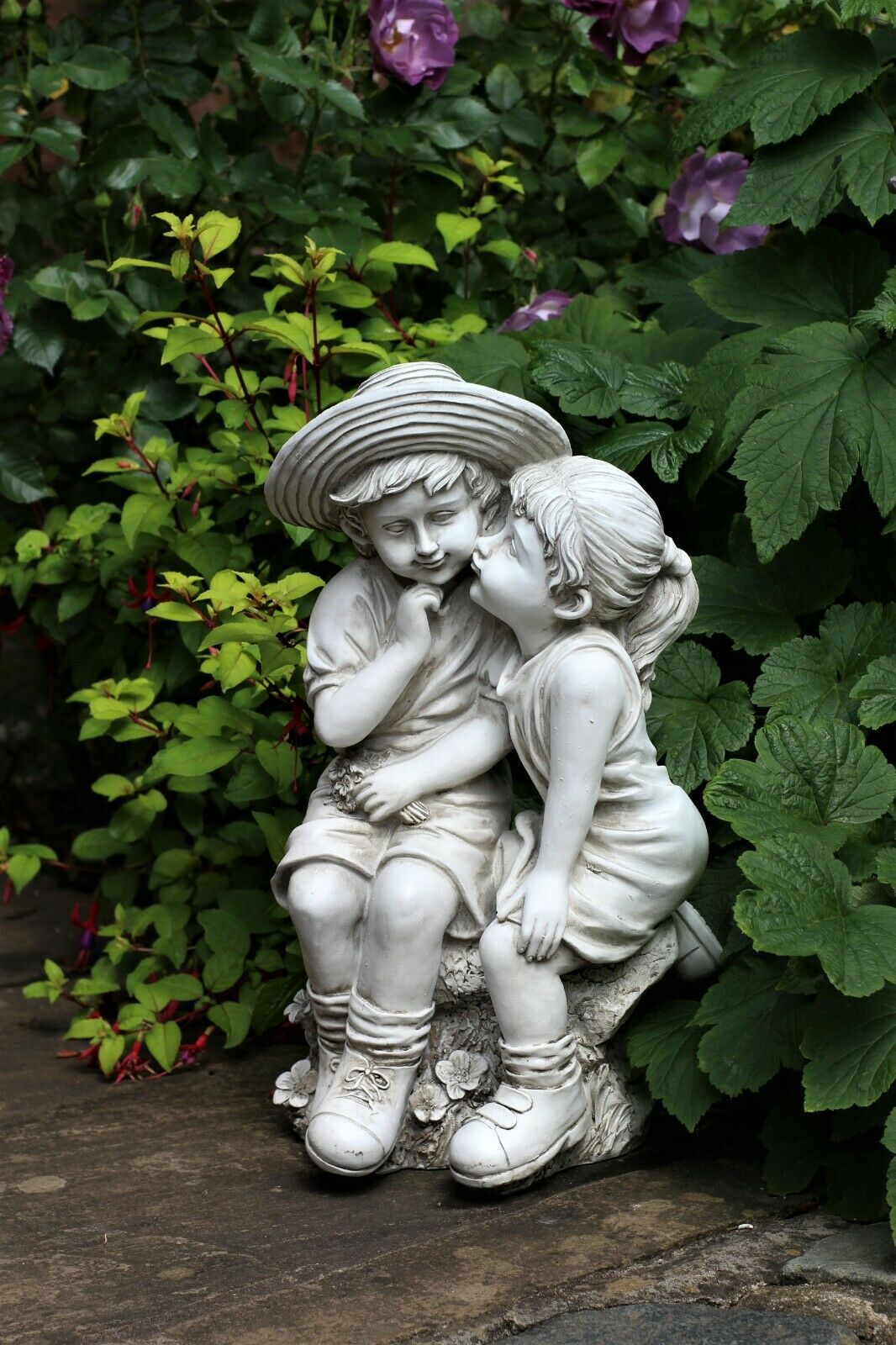 Grey Sitting Boy and Girl Garden Ornament