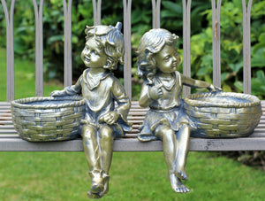 Boy and Girl Sitting Cherubs Planter or Bird Feeder Copper/Slate Grey