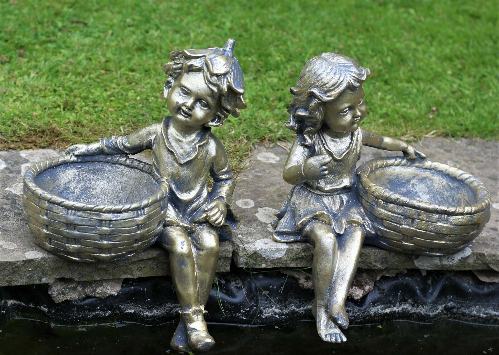 Boy and Girl Sitting Cherubs Planter or Bird Feeder Copper/Slate Grey