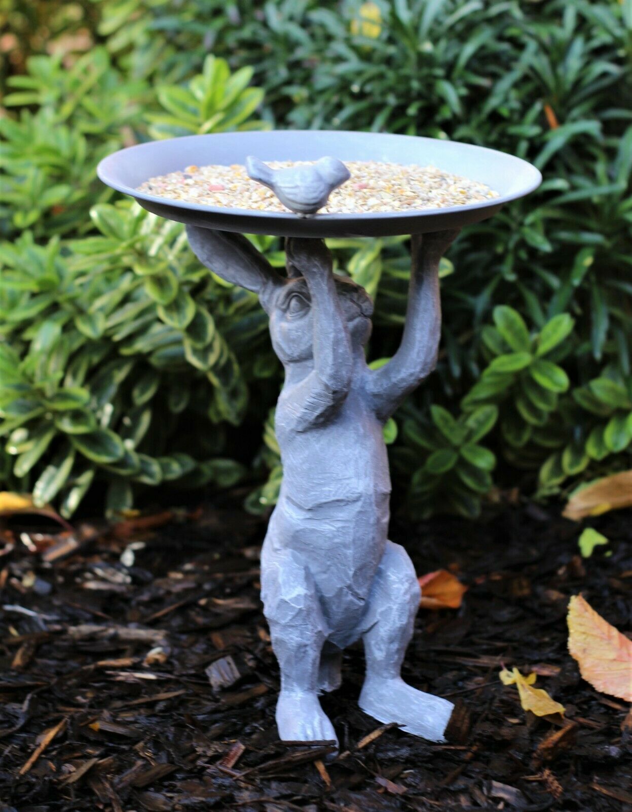 Wild Hare Rabbit Statue & Garden Ornament with Bird & Bath Feeder